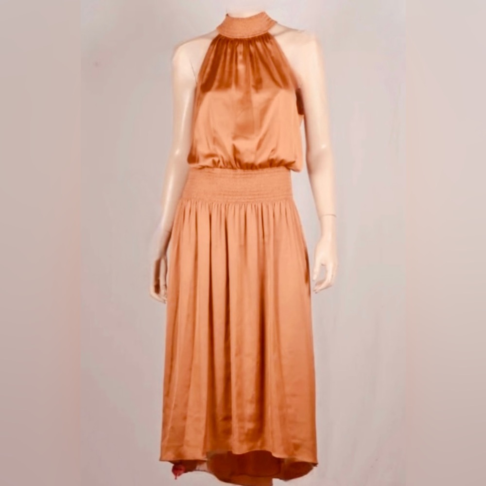 Ramy Brook Belle Halter Neck Smocked
Midi Dress in Copper Brown new withTag.